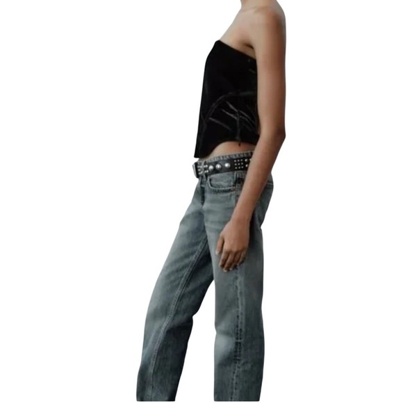 Zara Velvet Corset Top Women's Large Black Boning Fitted Strapless Bustier - Picture 1 of 8